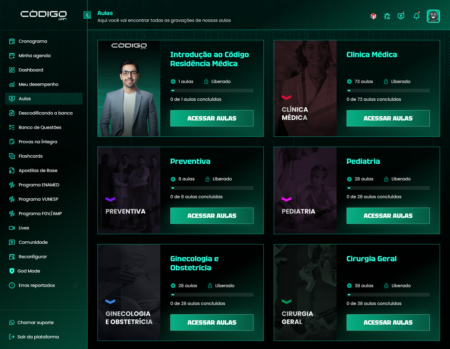 Catálogo de aulas do Código, com um card por grande área e o progresso de cada trilha