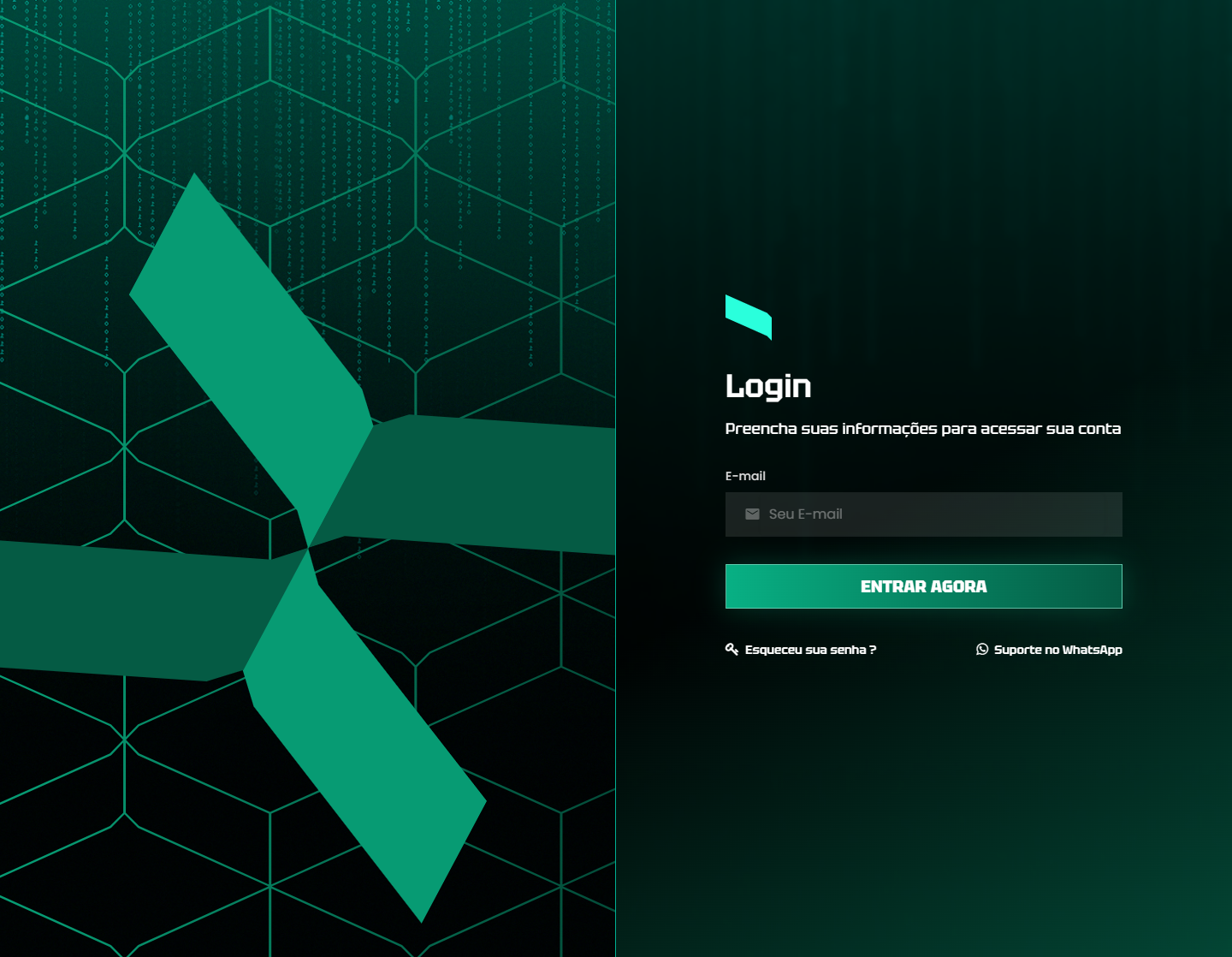 Tela de login do Código, com a marca sobre um painel gráfico verde e o formulário de acesso à direita