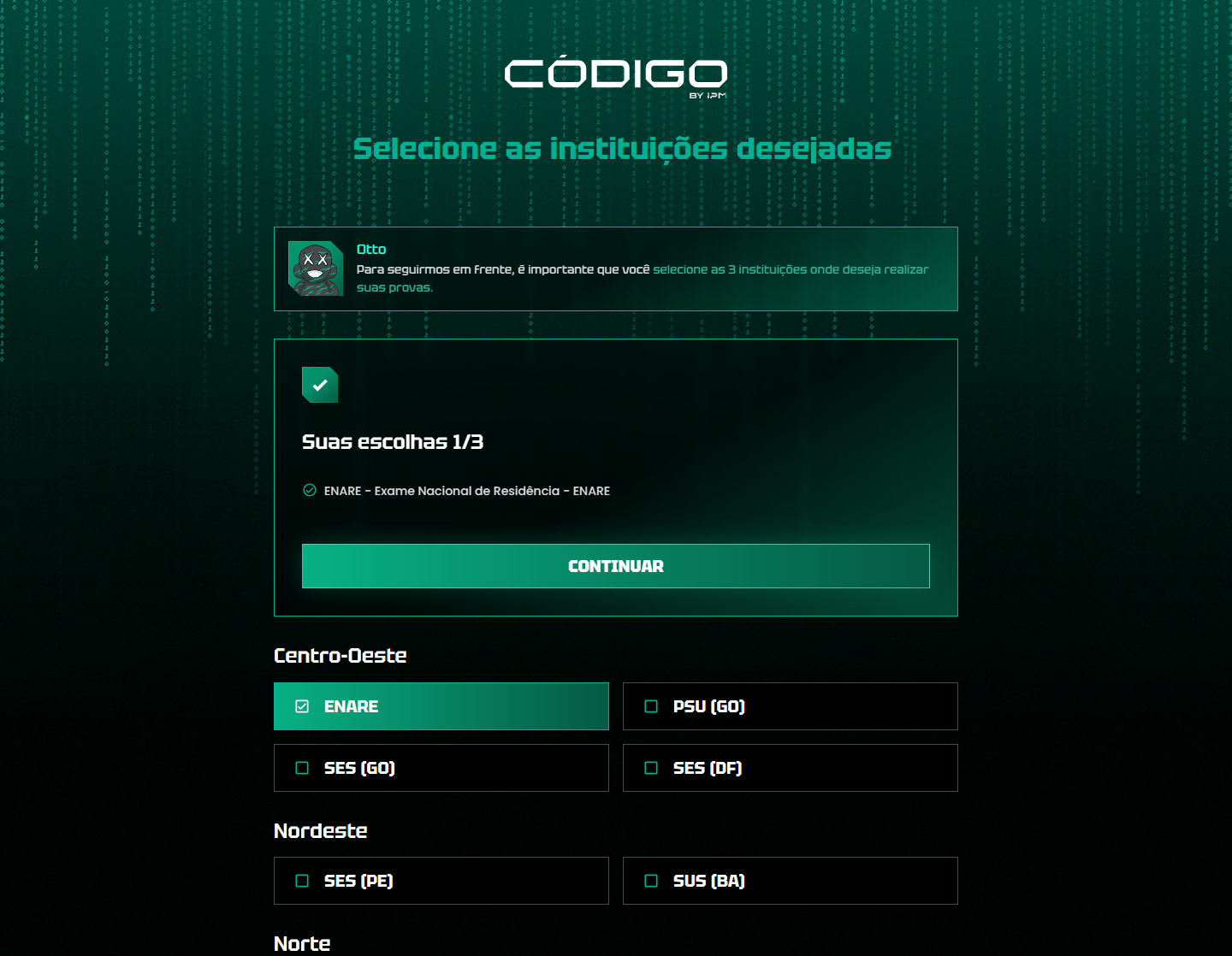 Onboarding com a primeira instituição já selecionada e o resumo Suas escolhas 1 de 3 acima da lista