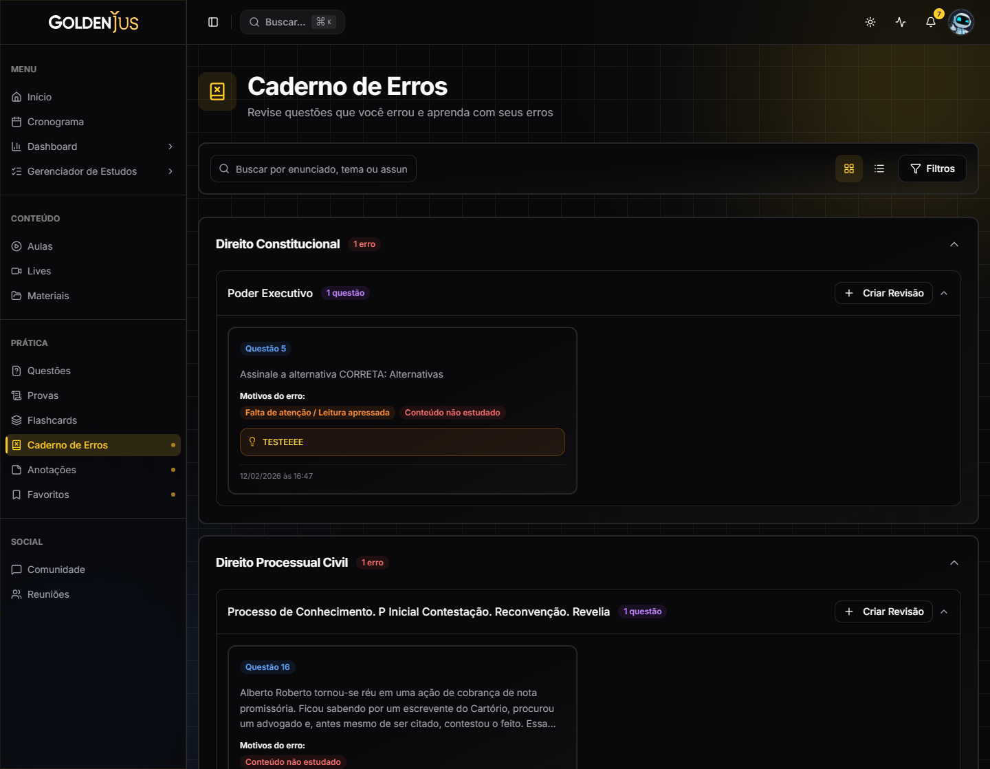 Caderno de erros agrupado por disciplina, com os motivos do erro registrados em cada questão e o botão de criar revisão