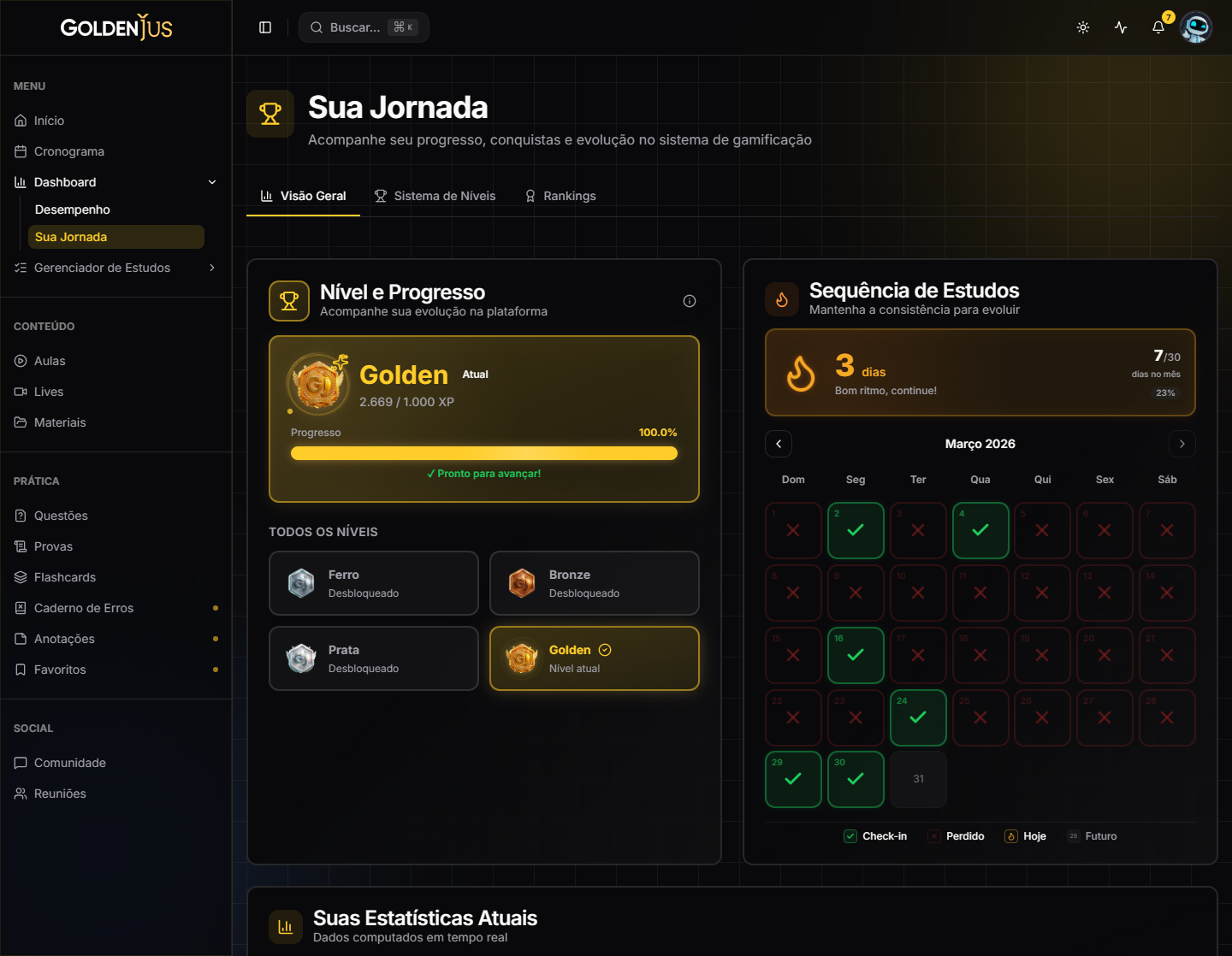 A mesma jornada no tema escuro, com os níveis Ferro, Bronze, Prata e Golden e os dias de ofensiva marcados