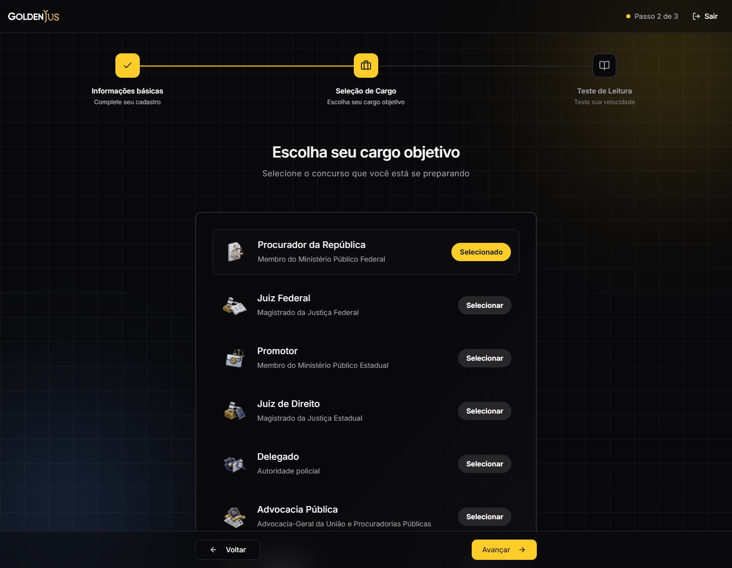 Etapa de seleção de cargo no onboarding do GoldenJUS, com a lista de carreiras jurídicas e o passo 2 de 3 em destaque