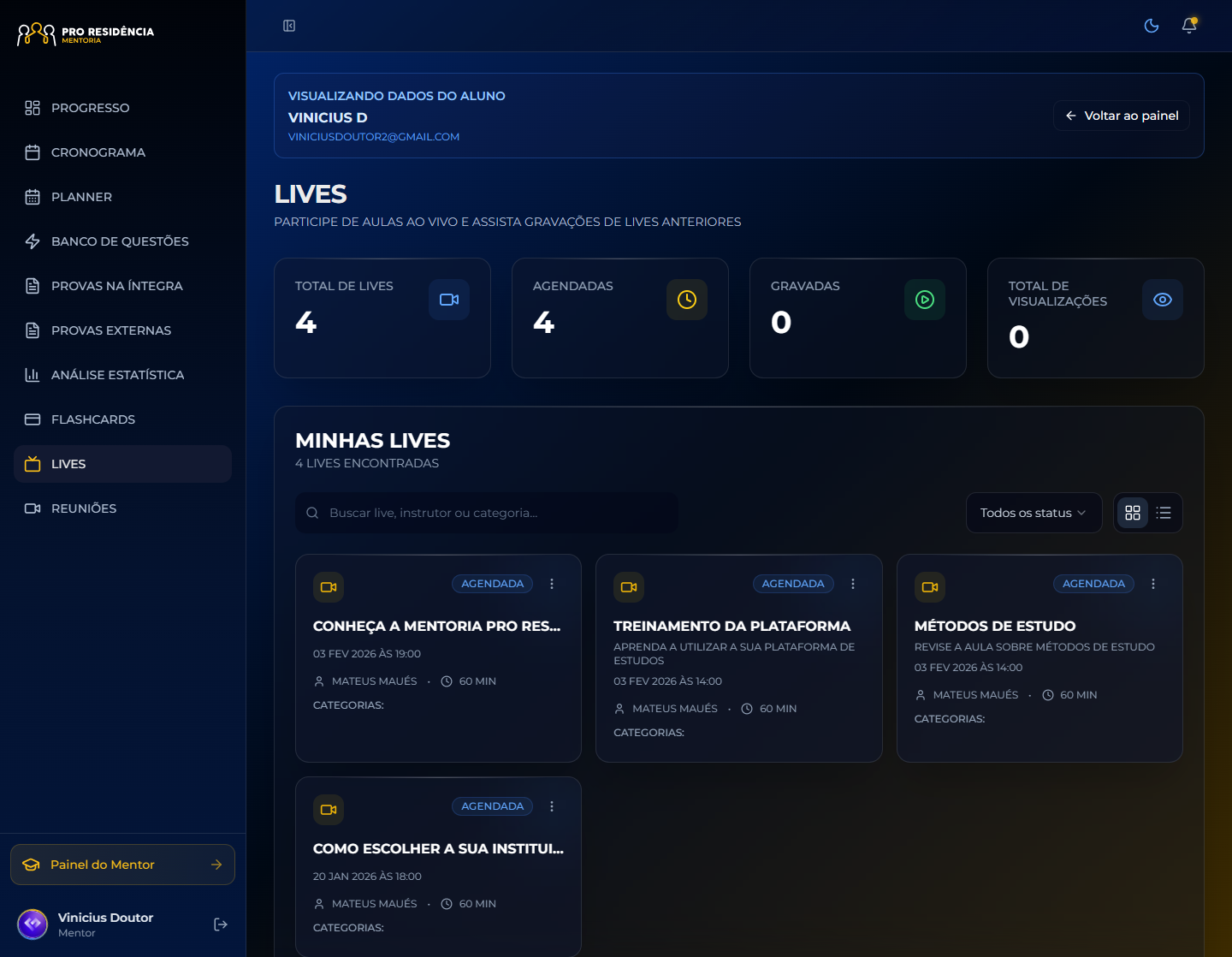 A mesma tela de lives no modo escuro, com os cartões das próximas transmissões