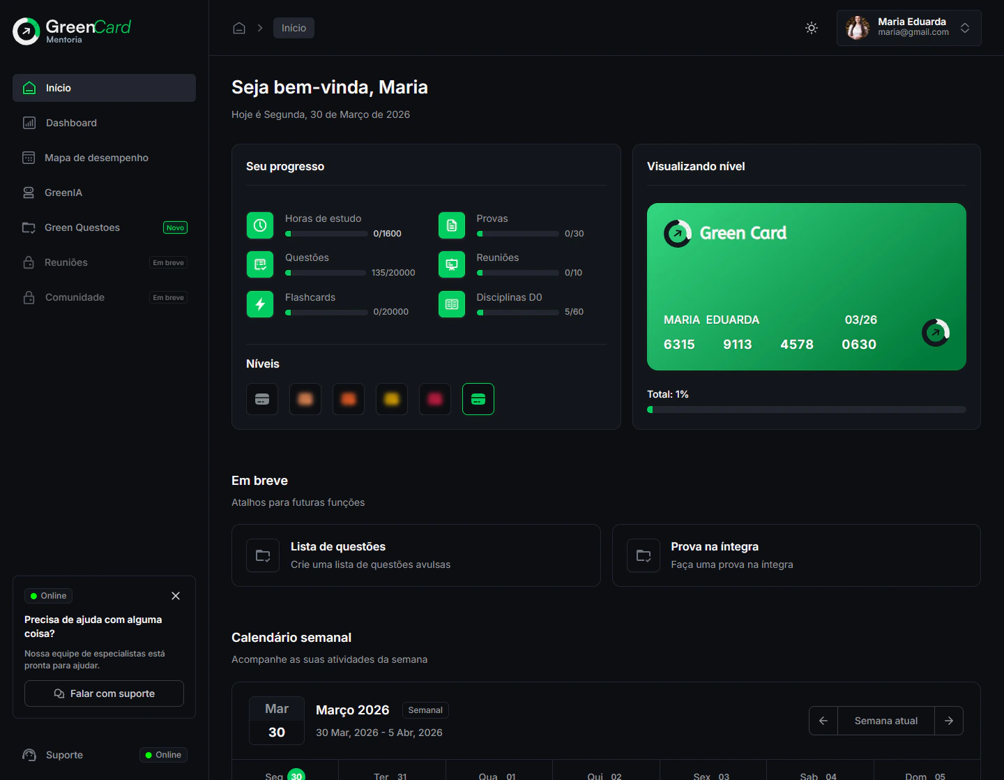 Plataforma de mentoria da Green Card, com a trilha do aluno e o acompanhamento das sessões.
